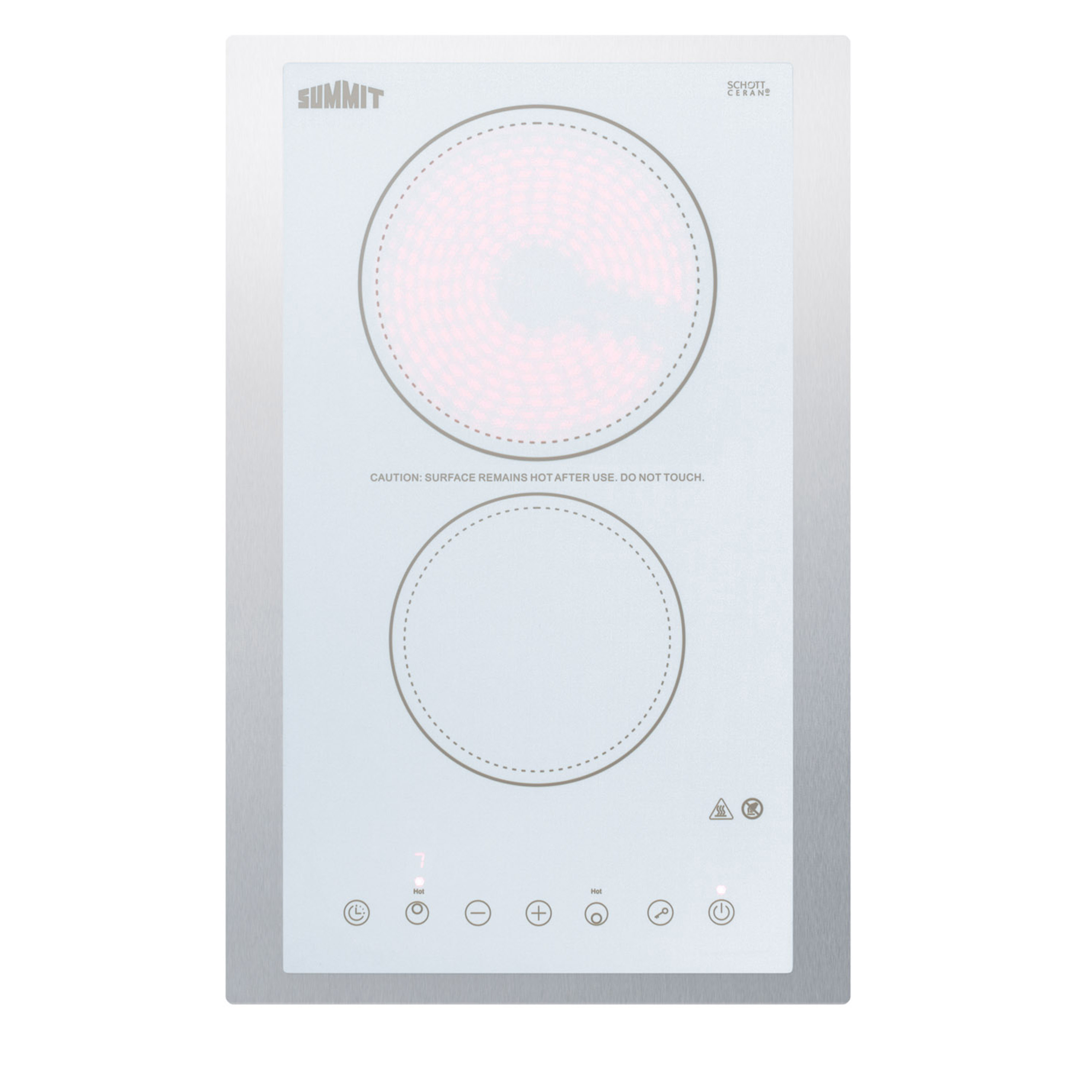 230V 2-burner cooktop in white ceramic Schott glass with digital touch controls and stainless steel frame to allow installation in 15